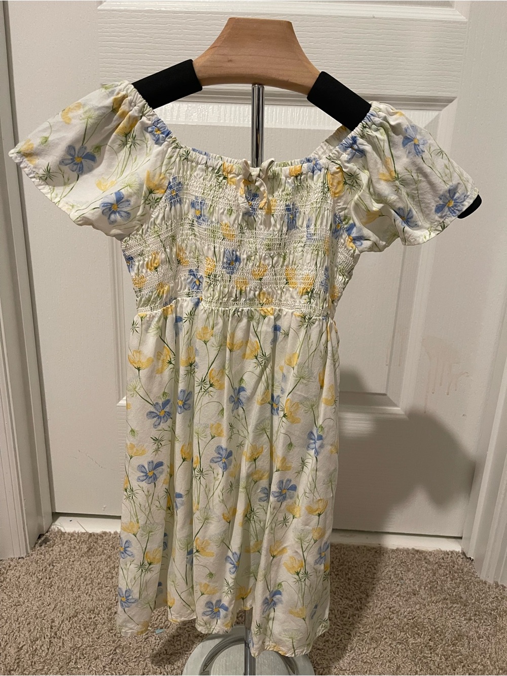 Girls Smocked Floral Off-Shoulder Dress - White with Blue & Yellow Flowers